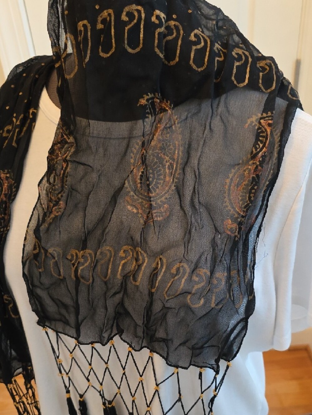Black Polka Dot Fringe Scarf with Gold Accent - Unbranded - Picture 6 of 6